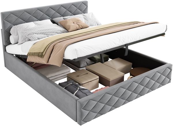 Polsterbett 140x200 cm Samt mit hydraulischem Bettkasten und Lattenrost, schlichtes graues Design, Kopfteil 88–98 cm