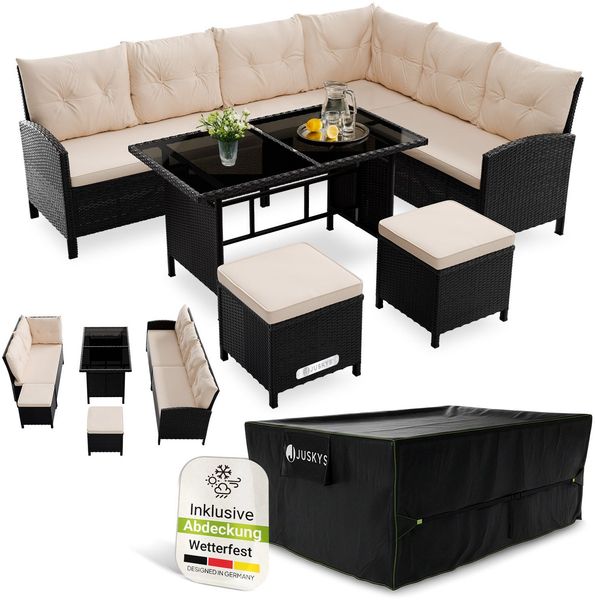 Juskys Polyrattan Lounge Manacor schwarz – Gartenlounge mit Sofa, Tisch, 2 Hocker & Kissen, inkl. Abdeckung – Gartenmöbel Set bis 8 Personen – Sitzbezüge in Creme