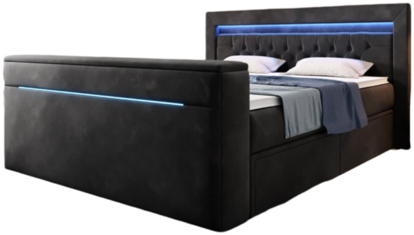 Boxspringbett Jupiter mit TV Lift, RGB und Stauraum 200x200 Schwarz H4 (100kg+)
