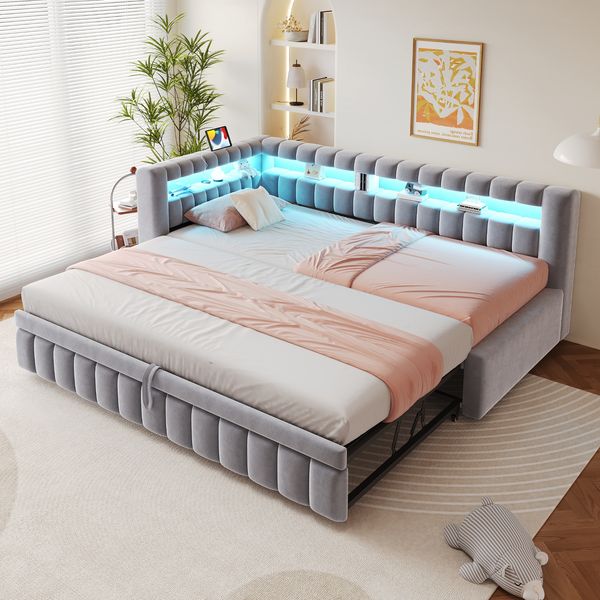 Polsterbett, Ausziehbares Schlafsofa, LED-Beleuchtung, Geräumiges Kopfteil, Rückenlehne, Klassisches Streifenmuster, USB-Ladeanschluss, Ausziehbares Bett, Samtstoff, Hellgrau, 90 x 200 cm