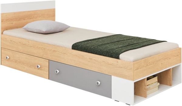 Jugendbett Pezru PX14/15 L/P (Farbe: Biskuit Eiche / Weiß Lux / Grau)