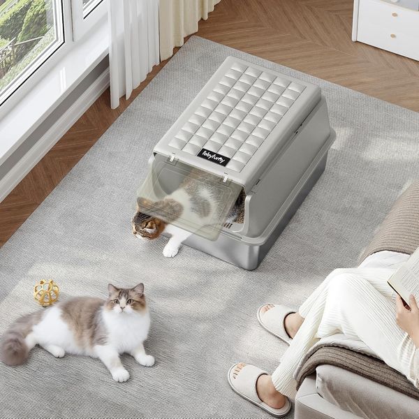 Edelstahl-Katzenklo mit Deckel, XL Geschlossene Metall-Katzenklo, Katzentoiletten mit Schaufel und Fußstufe, Herausnehmbar, 120° Klappdeckel, Leicht zu Reinigen, Cremegrau