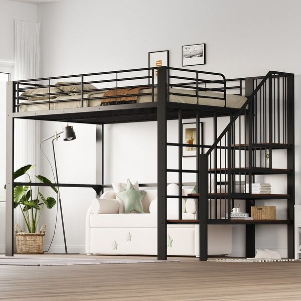 MODFU Kinderbett Hochbett aus stabilem Metall (Metallbett mit Treppe & Stauraum, Platzsparendes Stauraumbett, 140x200 cm), ohne Matratze