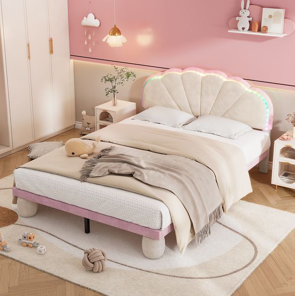 Polsterbett 140x200 cm mit Lichtstreifen, Wellen-Kopfteil und Holzlatten - Samt in Beige/Rosa