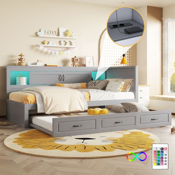 Schlafsofa, Daybett, Tagesbett, 90*200cm , Mit LED-Leuchten, Bettseitiges Staufach, Ausziehbares Bett, Steckdose + USB, Ohne Matratze, Grau