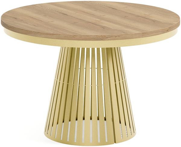 MEBLINI Esstisch Rund Ausziehbar aus Metall - 120-196x76 cm - CONEY - Halifax Eiche/Golden - Loft - Esszimmertisch Modern - Küchentisch - Ausziehtisch - Round Dining Table