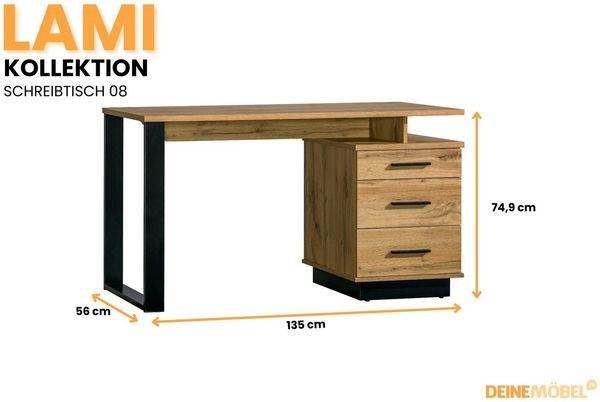Deine Möbel 24 Schreibtisch LAMI 8 Kinderschreibtisch 135 cm mit 3 Schubladen & 2 Fächern (Stil: Loft / Industrial / Scandi, 1-St, LAMI - Kollektion), Bürotisch in Wotan Eiche & Schwarz Matt mit Metallgestell