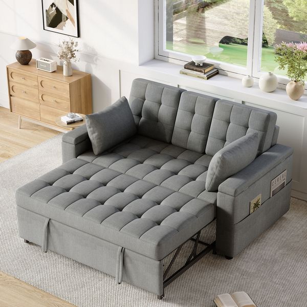 Schlafsofa 159x142,5x92 cm mit Stauraum – 2-Sitzer Klappsofa mit verstellbarer Rückenlehne und 2 Kissen in Grau