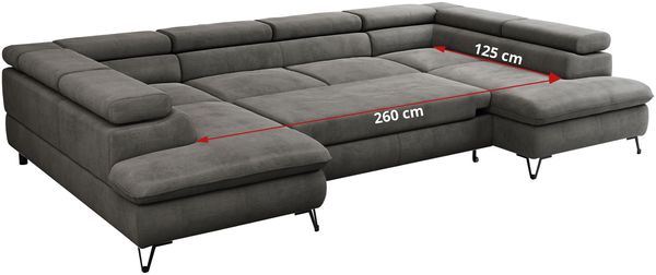 Mks Möbel 'Peter U' Wohnlandschaft mit Bettkasten, Bettfunktion & einstellbaren Kopfstützen, Dunkelgrau, Velours, mit Topper Bild 9