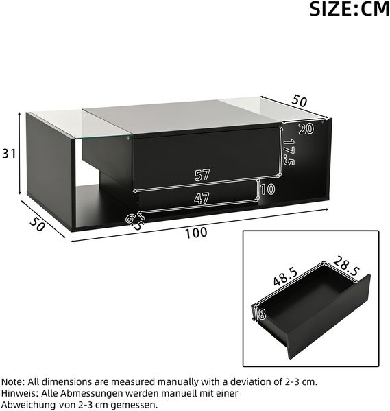 Couchtisch 100 x 50 x 31 cm mit LED, 1 Schublade, gehärtetem Glas und Hochglanz Bild 5