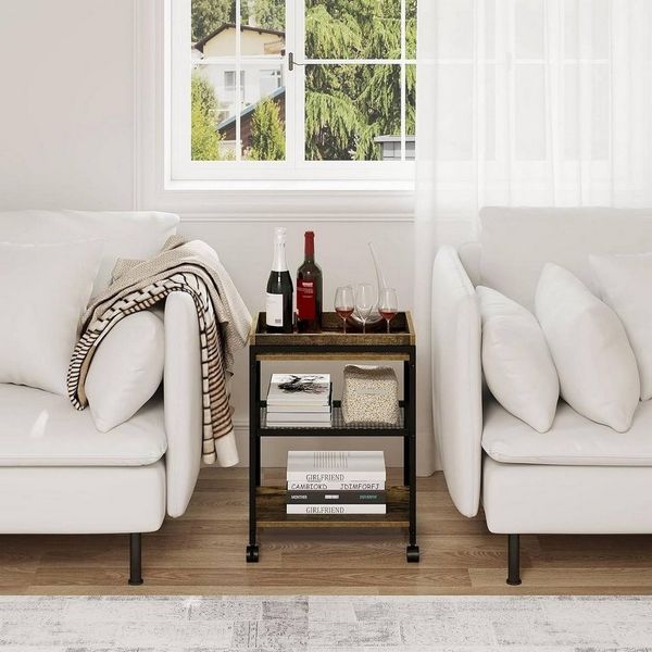 Woltu Couchtisch (1-St), mit Rollen, 3 Ablagen 1 abnehmbares Tablett