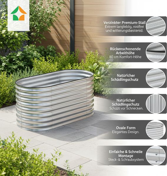 Hochbeet Stahl Oval S 160 x 80 x 80 Silber