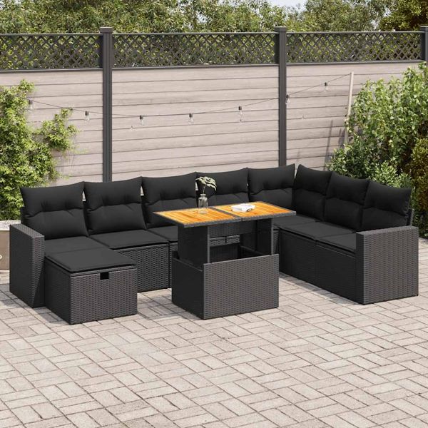 vidaXL 9-tlg. Garten-Sofagarnitur mit Kissen Schwarz Poly Rattan 3328014
