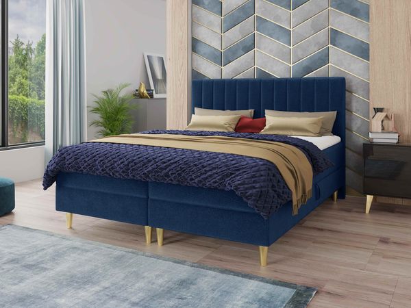 Boxspringbett Gold mit 2 Bettkästen und Topper - Doppelbett, Bonell-Matratze, Polsterbett, Bett mit Matratzentopper, Schlafzimmer, Velours Stoff (Blau (Manila 26), 180 x 200 cm)
