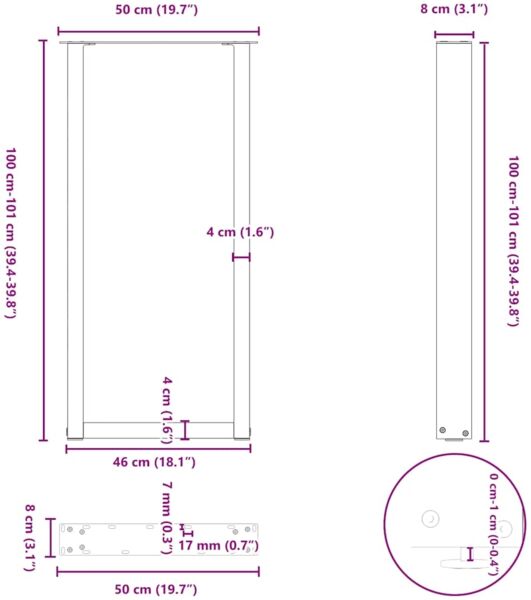 vidaXL Bartischbeine U-Form 2 Stk. Weiß 50x(100-101) cm Stahl 4013233 Bild 10