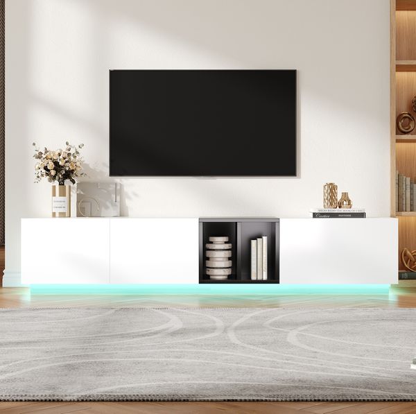 Moderner TV-Schrank weiß/schwarz, 190x40x35 cm, mit Schubladen & Regalen