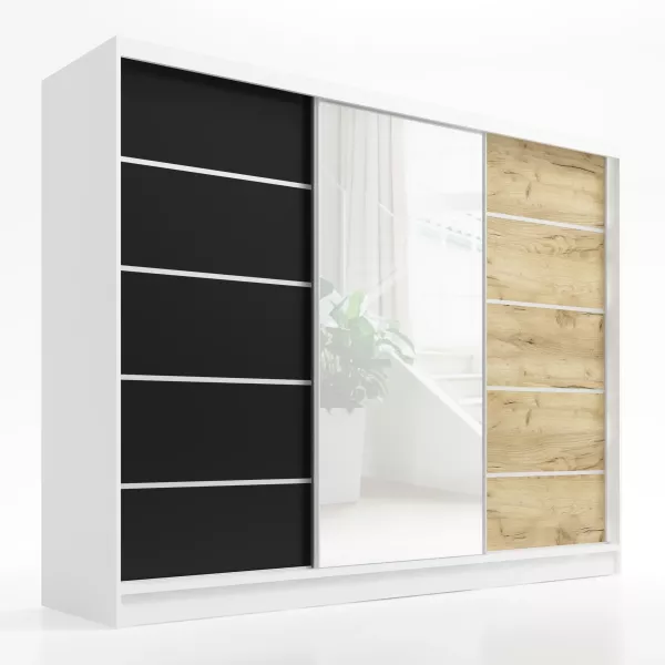 Schwebetürenschrank, 3-türig Schrank 200 cm mit Spiegel AURELIA 1. Farbe: Weiß, schwarz, Eiche Kraft gold