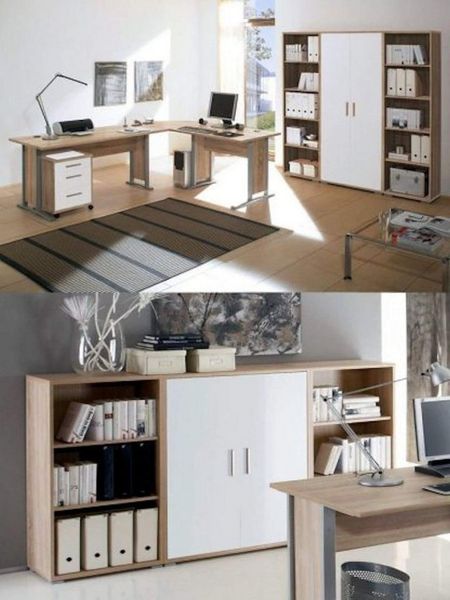 moebel-dich-auf Büromöbel-Set OFFICE LINE, (Komplett-Set, 8-tlg, Winkelschreibtisch mit Rollcontainer + 2 Aktenschränke + 4 Aktenregale), in Eiche Sonoma / Weiß