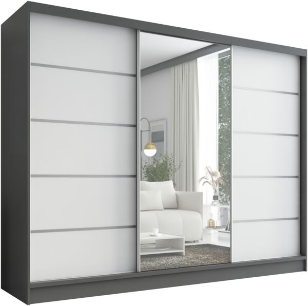 Schwebetürenschrank ARIVA 1 3-türig Schrank 200 cm (mit Spiegel) Farbe: Graphit , Weiß