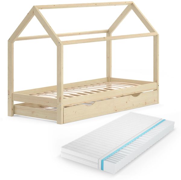 Hausbett Wiki Naturholz 90x200 cm mit Gästebett und Matratze Vitalispa