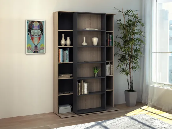 Vente-unique - PRALI Bookcase Holz, Platte GrauBeige - B 46 cm x H 185 cm x L 116,6 cm