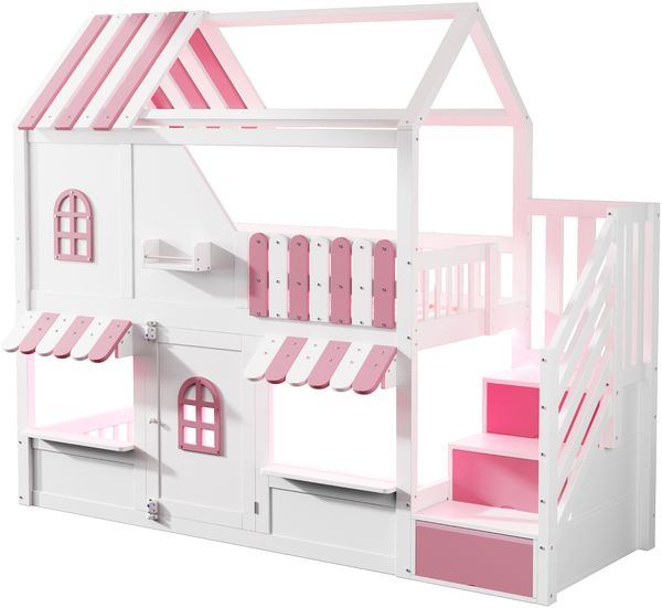 Merax Hochbett, Etagenbett, 90 x 200 cm, Mit Fenstern, Mit Stauraumleiter, LED-Beleuchtung und Regalen, Weiß + Rosa Bild 9