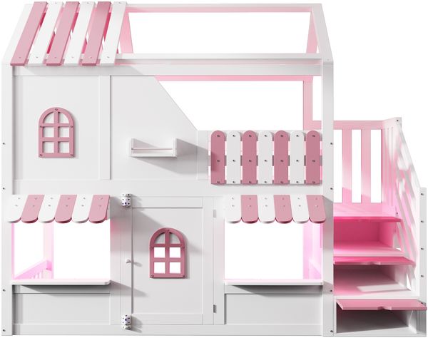 Merax Hochbett, Etagenbett, 90 x 200 cm, Mit Fenstern, Mit Stauraumleiter, LED-Beleuchtung und Regalen, Weiß + Rosa Bild 8