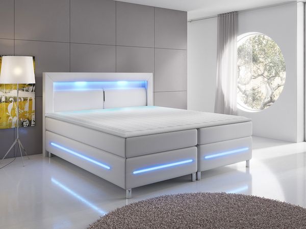 Boxspringbett Amarante LED, Blauer LED-Beleuchtung, Weiß, 180x200 cm