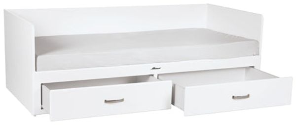 Miami Tagesbett mit 2 Schubladen, ausziehbar 90-180x200, Autometallic Lackierung, chromfarbene Griffe, Füsse und Logo aus hochwertigem Autoschriftzug, in weiss