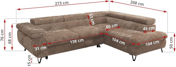 MKS Möbel 'Pablo L-Form' Ecksofa mit Schlaffunktion, verstellbare Kopfstützen, Braun, Cordstoff, ohne Topper, Links Bild 6