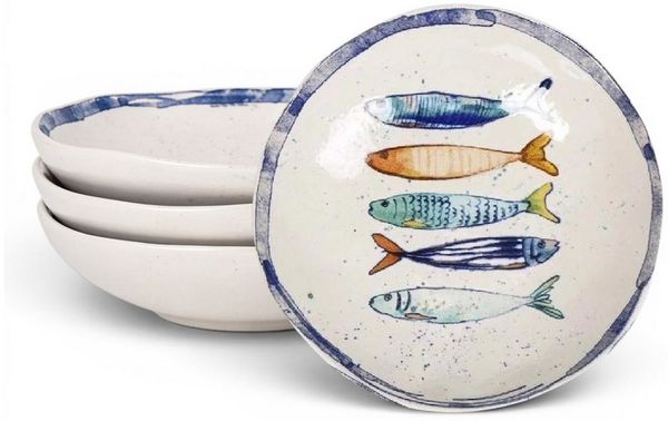 WestCraft Speiseteller Teller, mediterran mit Sardinen-Motiv, Maritime Suppenteller 21 cm, (4 St), 4er Set, hochwertig und robust - langlebig und vielseitig einsetzbar