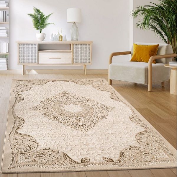 KADIMA DESIGN Teppich Orientalisch Wohnzimmer 100% Polyester Teppich Kurzflor, Läufer, Höhe: 12 mm, Florhöhe: 8 mm, Handwäsche, Rücken - Baumwolle, Läufer, 80x150, Beige