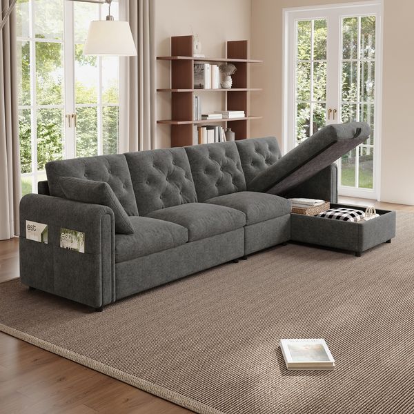 Modernes Samt-Ecksofa mit Stauraum im Eckbereich, verstellbarer L-Form, seitlichen Magazintaschen und Knopfheftung, Grau, 281 x 86 x 71 cm