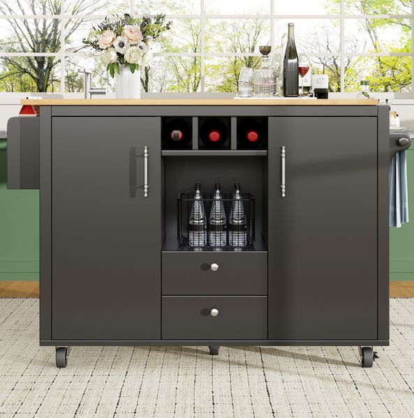 Kücheninsel mit Stauraum und klappbarer Arbeitsplatte, Küchenwagen mit Schubladen, Doppeltüren, Weinregal, Handtuch- & Gewürzhalter, 92.2cmx137.9cmx45-73cm, Schwarz
