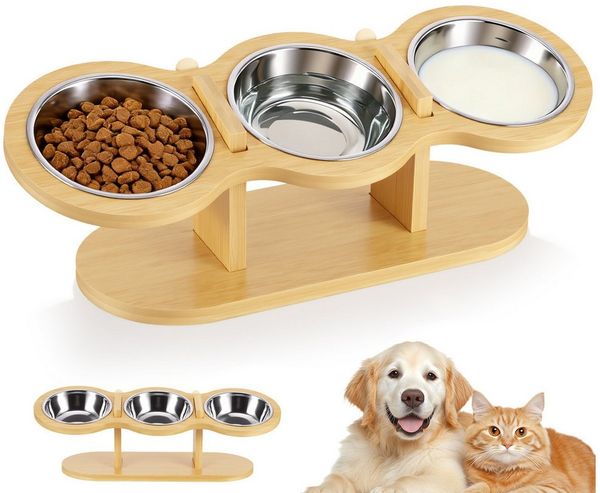 BlingBin Futternapf Katzennapf Erhöht Futterstation Katzen mit 3 Edelstahl Schüsseln, Edelstahl, 15° Gekippte Ergonomischer Futterstation Höhe Verstellbar Fressnapf