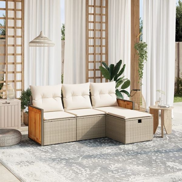 vidaXL 4-tlg. Garten-Sofagarnitur mit Kissen Beige Poly Rattan 3265706