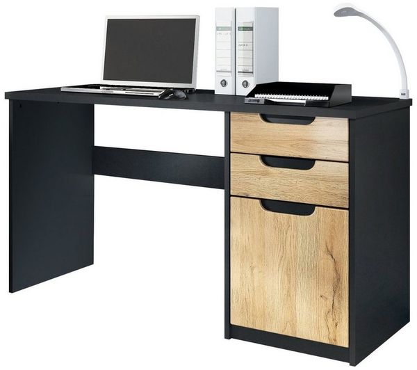 Vladon Schreibtisch Logan, Bürotisch mit 2 Schubladen und 1 Tür, Schwarz matt/Eiche Natur (129 x 76 x 60 cm)