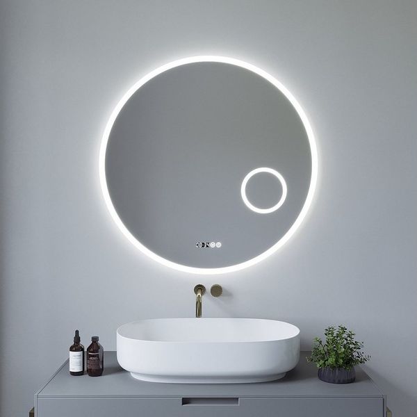 AQUABATOS Wandspiegel Badspiegel mit Beleuchtung rund Lichtspiegel Bad badezimmerspiegel, 3-fach-Vergrößerung,Kaltweiß,dimmbar,Digitaluhr,beschlagfrei