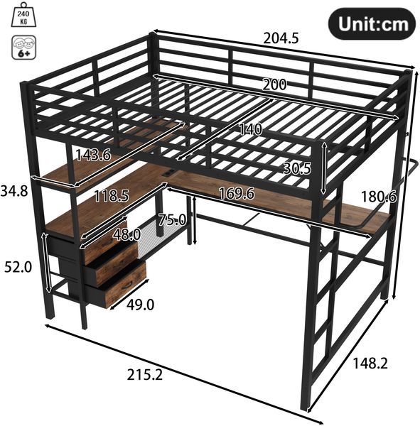 Merax Hochbett, 140*200cm , Ambientelicht mit Fernbedienung, Schreibtisch, Steckdose + USB, 3 Schubladen, Regale, Geländer, Treppe, ohne Matratze, Schwarz Bild 4