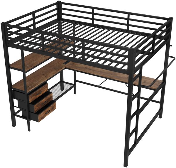 Merax Hochbett, 140*200cm , Ambientelicht mit Fernbedienung, Schreibtisch, Steckdose + USB, 3 Schubladen, Regale, Geländer, Treppe, ohne Matratze, Schwarz Bild 9