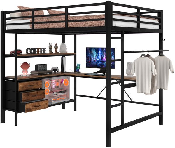 Merax Hochbett, 140*200cm , Ambientelicht mit Fernbedienung, Schreibtisch, Steckdose + USB, 3 Schubladen, Regale, Geländer, Treppe, ohne Matratze, Schwarz Bild 10