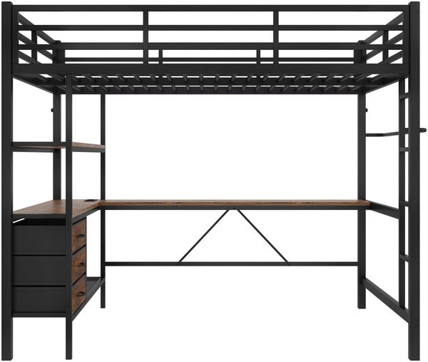 Merax Hochbett, 140*200cm , Ambientelicht mit Fernbedienung, Schreibtisch, Steckdose + USB, 3 Schubladen, Regale, Geländer, Treppe, ohne Matratze, Schwarz Bild 8