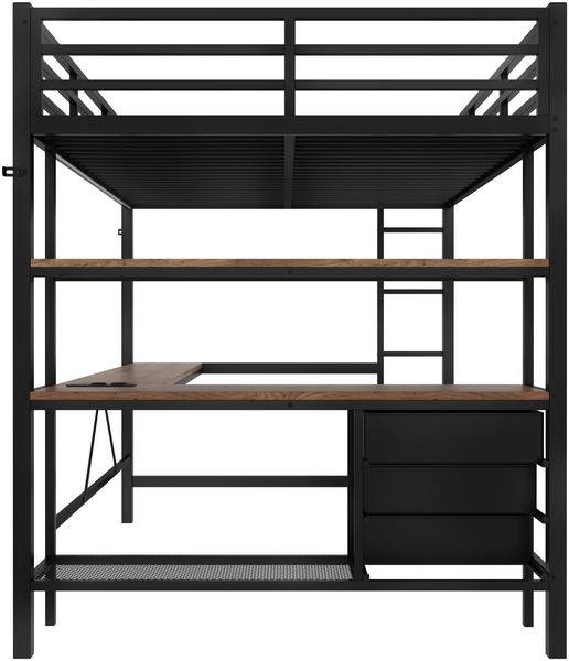 Merax Hochbett, 140*200cm , Ambientelicht mit Fernbedienung, Schreibtisch, Steckdose + USB, 3 Schubladen, Regale, Geländer, Treppe, ohne Matratze, Schwarz Bild 7