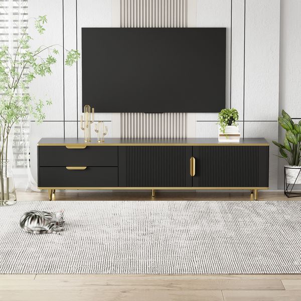 TV-Schrank 170x45x37 cm Schwarz/Gold mit Schubladen und geschnitzten Türen