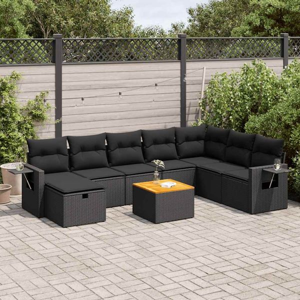 vidaXL 9-tlg. Garten-Sofagarnitur mit Kissen Schwarz Poly Rattan 3325828