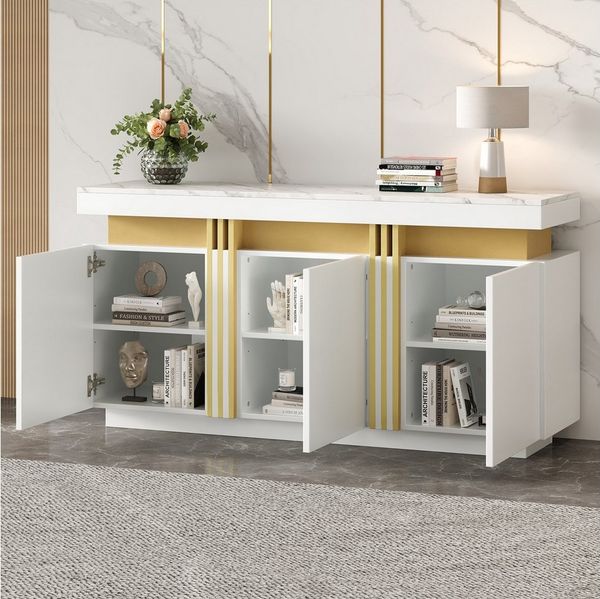 Merax Sideboard Aufbewahrungsschrank Anrichte mit Marmoroptik (1 St, 140x38x70cm), Kommode mit 3 Türen, verstellbaren Einlegeböden & Platin-Akzenten