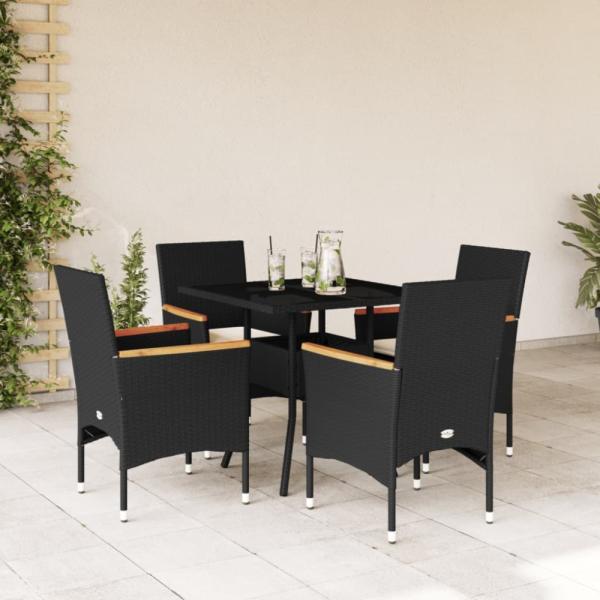 vidaXL 5-tlg. Garten-Essgruppe mit Kissen Schwarz Poly Rattan und Glas 3278704