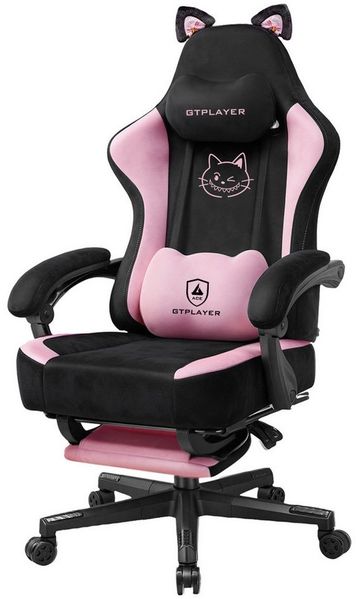 GTPLAYER Niedlicher Gaming Stuhl mit Samtstoff, Gaming Chair, ergonomischer Bürostuhl Gamer Stuhl mit Katzenohren, Memory-Schaum und Fußstütze, 150kg, Rosa