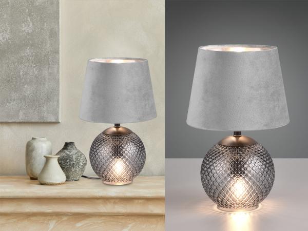 TRIO Leuchten Schreibtischlampe JONNA, Tischlampe mit beleuchtetem Glasfuß und Samt Schirm exkl 2xE14, Ein-/Ausschalter, Leuchtmittel wechselbar, warmweiß - kaltweiß, Leuchtmittel wechselbar max 10W, Schnurschalter Höhe 29cm Ø 18cm
