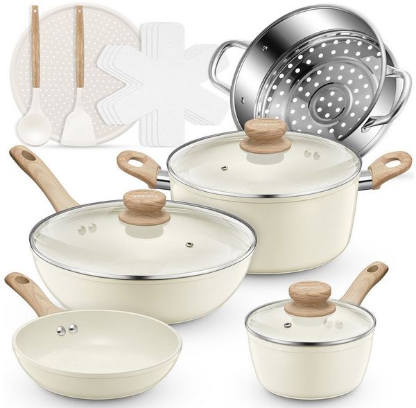 FOHERE Pfannen-Set 15-teiliges antihaftbeschichtetes Keramik-Topf- und Pfannenset, Aluminium (15-tlg), mit stapelbarem Aufbewahrungsdesign, 4 Pfannenschutze